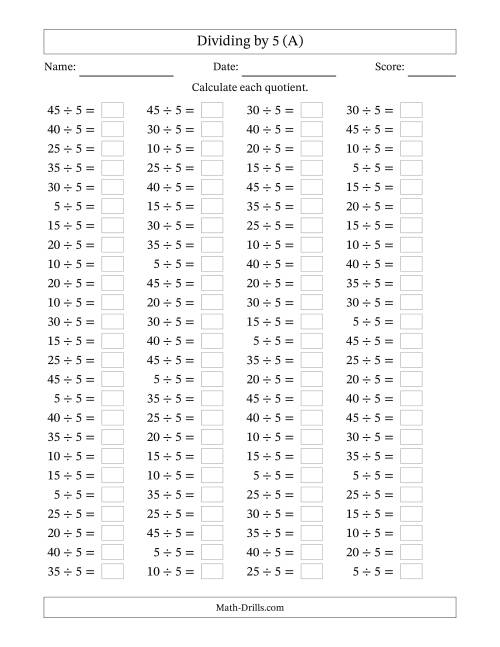 Horizontally Arranged Dividing by 5 with Quotients 1 to 9 (100 ...
