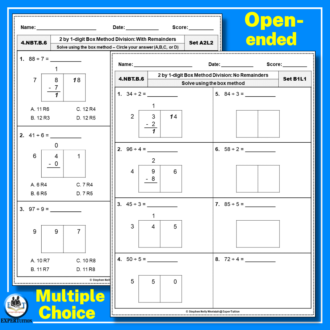 2 Digit by 1 Digit Box Method Division Worksheets 4th Grade ...