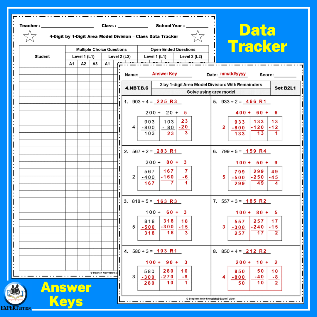 Area Model Division With and Without Remainders Practice Worksheets Bundle