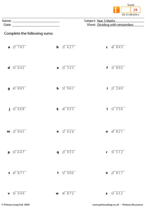 Numeracy: Dividing with remainders | Worksheet | PrimaryLeap.co.uk