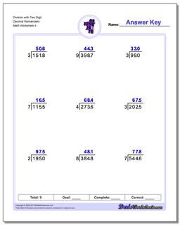 division with decimal remainders worksheet