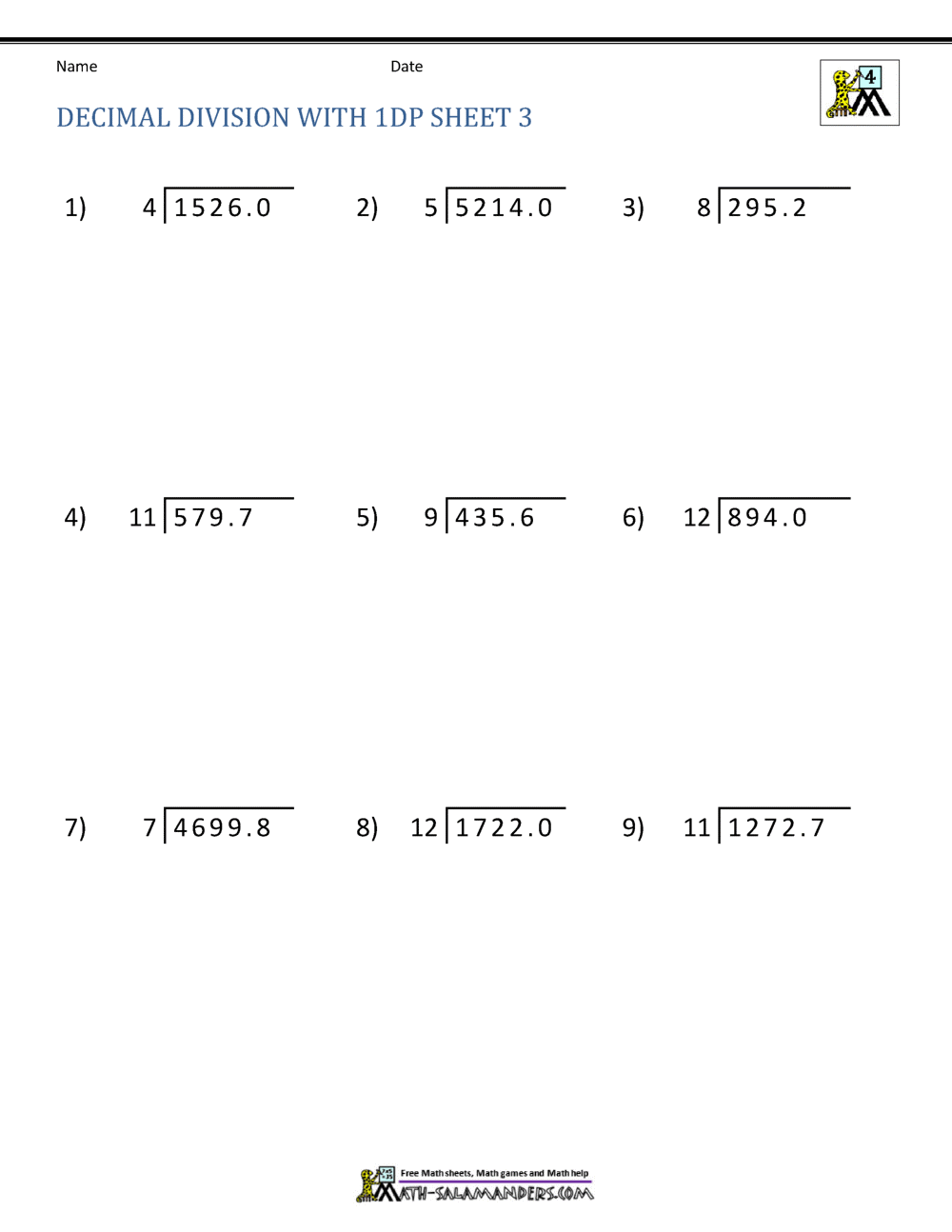 Division of Decimal Numbers Worksheets