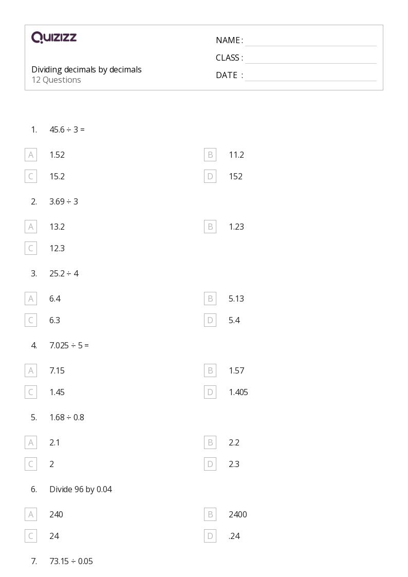 50+ Dividing Decimals worksheets for 2nd Year on Quizizz | Free ...
