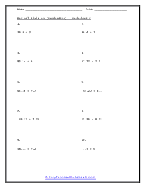 Decimal Division Worksheets