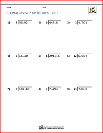 Division of Decimal Numbers Worksheets