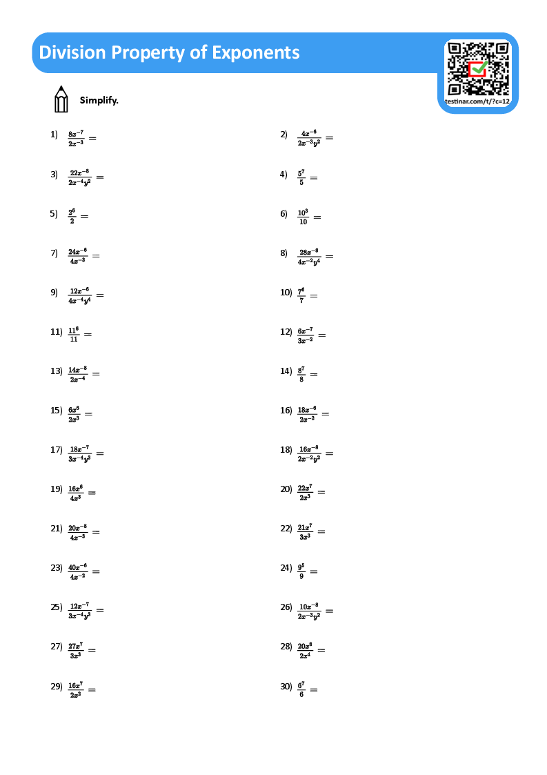 Division Property of Exponents worksheets