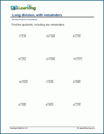 division with remainder worksheet