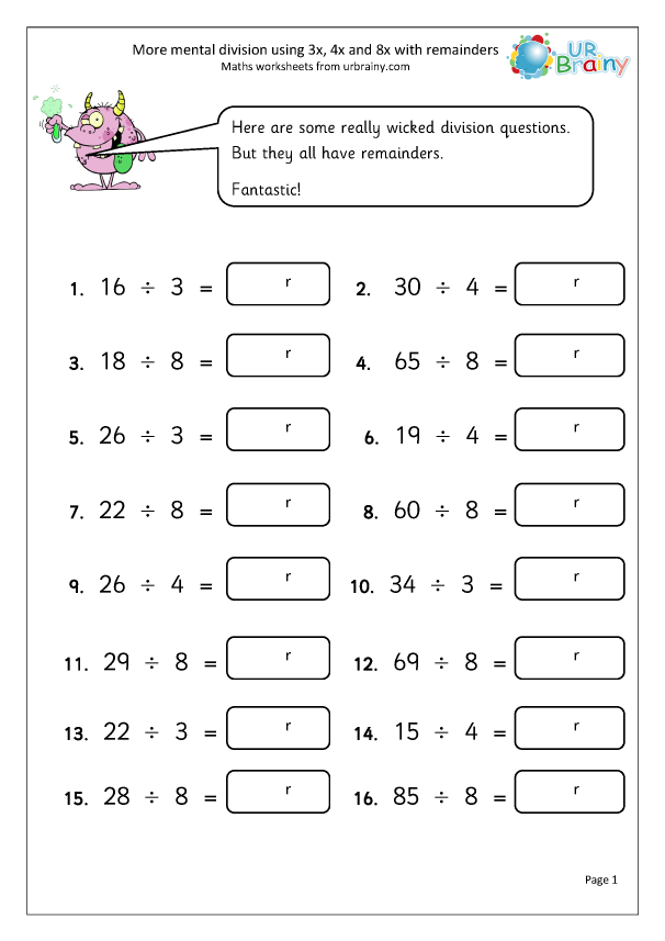 More mental division with remainders - Division Maths Worksheets ...