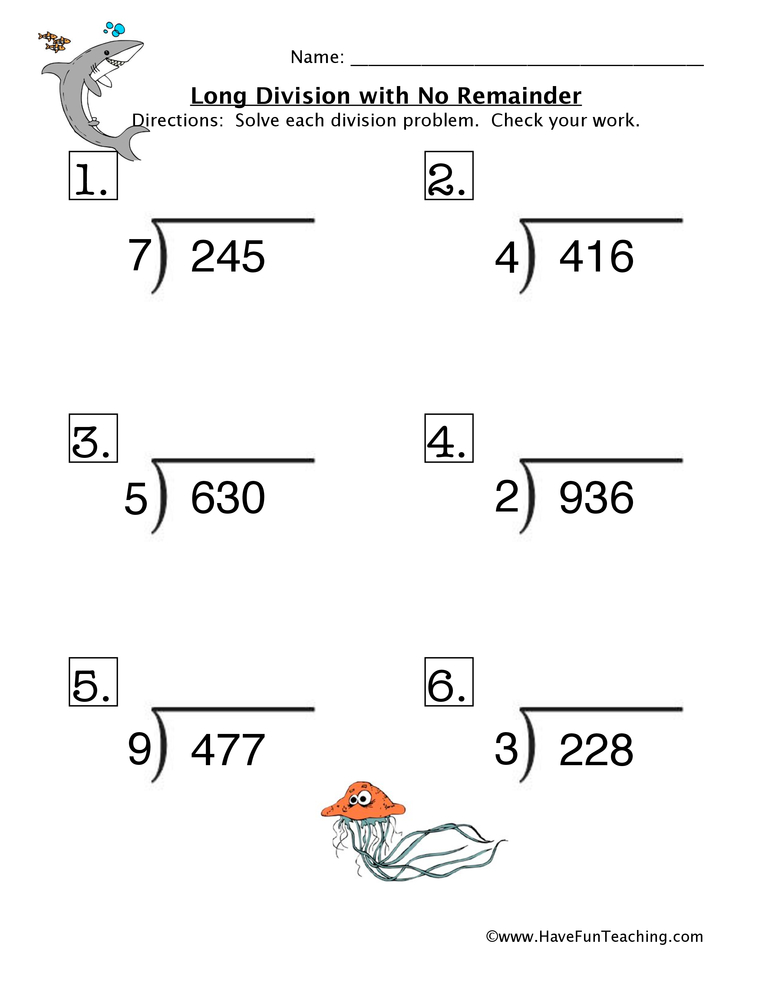 Long Division No Remainder Worksheet  