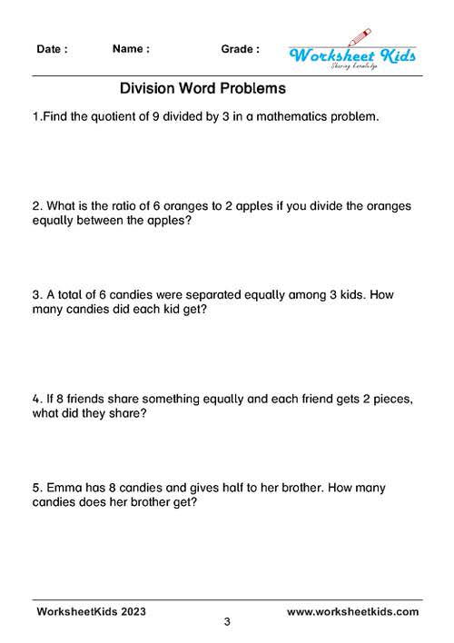 Division Word Problems Worksheets for Grade 3-5: Simple to long