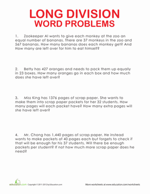 More Long Division Word Problems | Worksheet 
