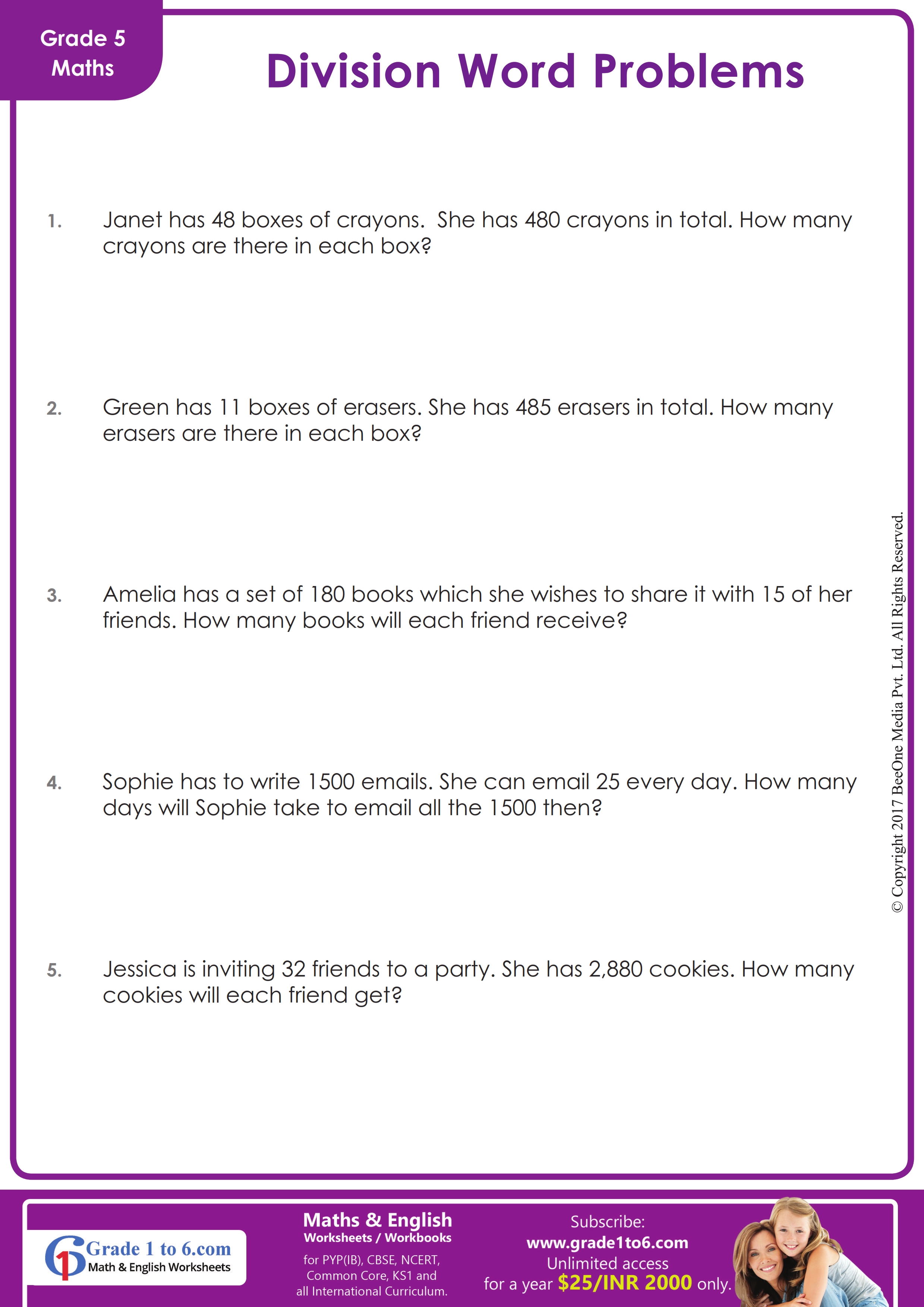 Division Word Problems Worksheets for 5th Graders Online SplashLearn
