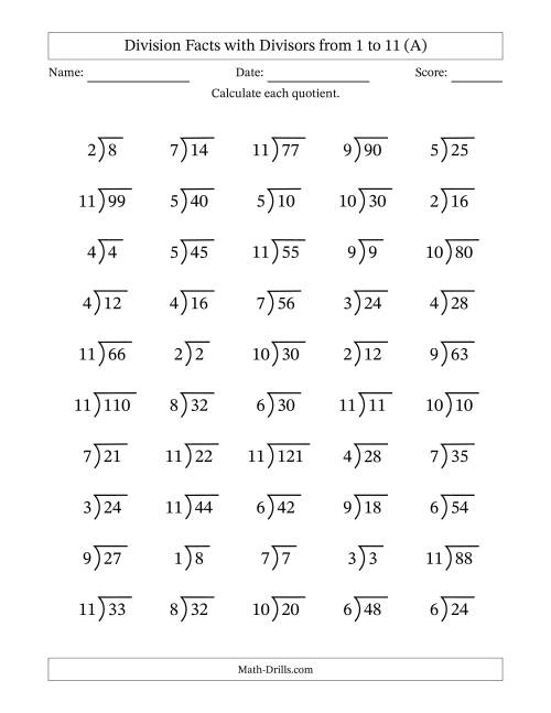 Division Facts with Divisors and Quotients from 1 to 11 with Long ...