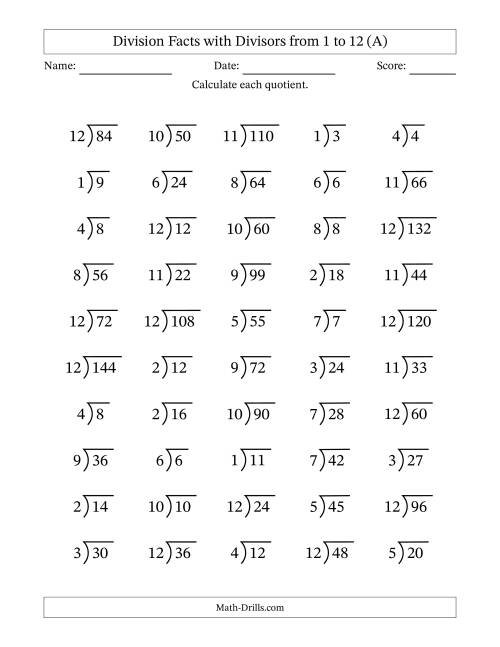 Division Facts Worksheets | Divisors from 1 to 12 - Worksheets Library