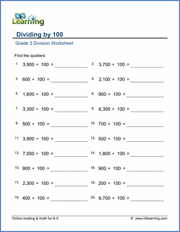 Grade 3 math worksheets: Division by 100 | Worsheets library