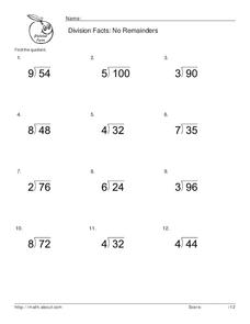 Division Facts: No Remainders Worksheet for 4th - 5th Grade ...