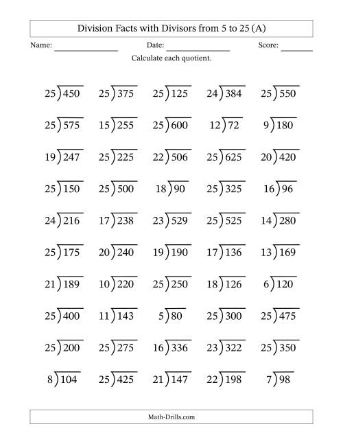 Division Facts with Divisors and Quotients from 5 to 25 with Long ...