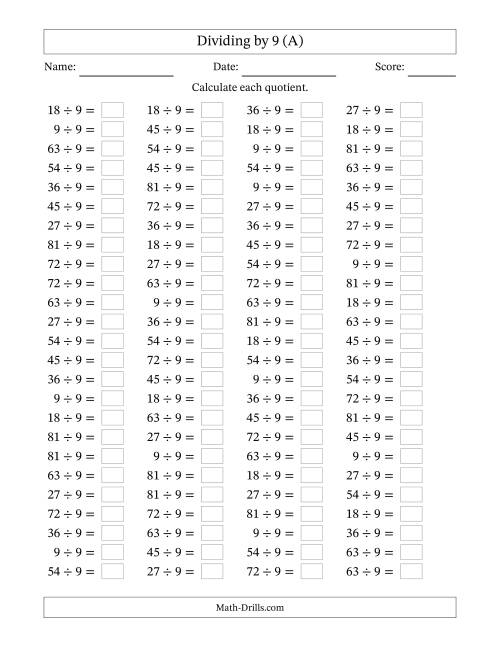 Horizontally Arranged Dividing by 9 with Quotients 1 to 9 (100 ...