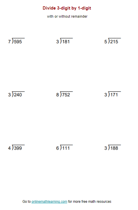 Divide 3-digit by 1-digit Worksheets (answers, printable, online ...