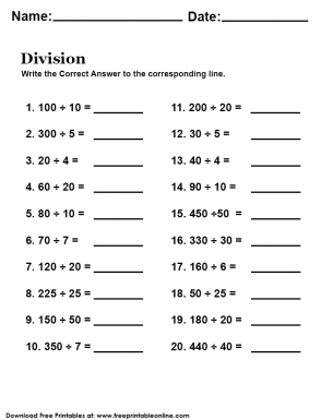 Printable Division Worksheet for Elementary School