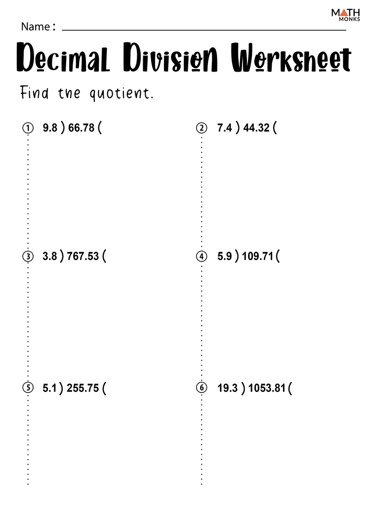 Dividing Decimals Worksheets - Math Monks
