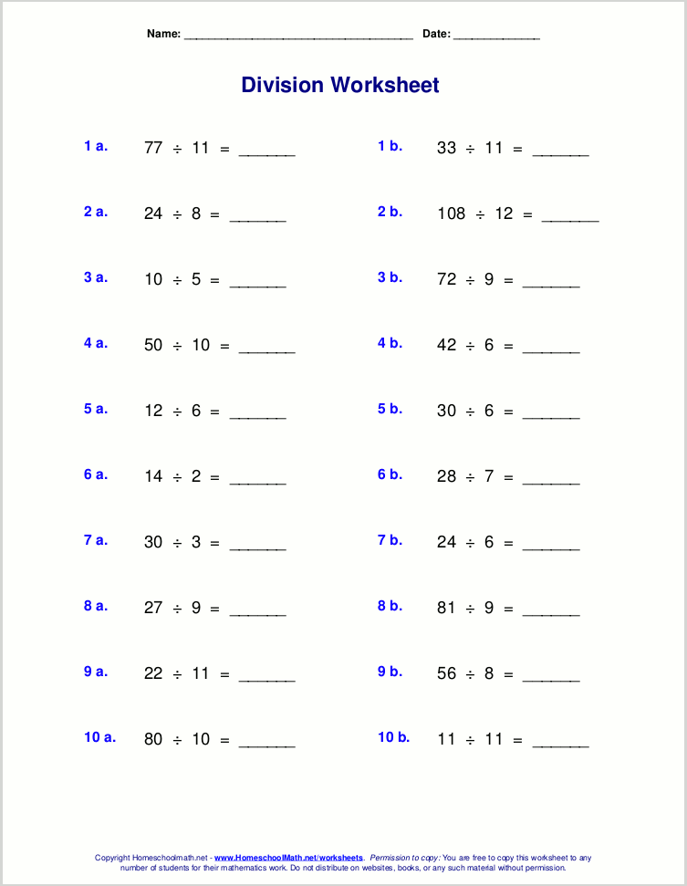 Worksheets for basic division facts (grades 3-4)