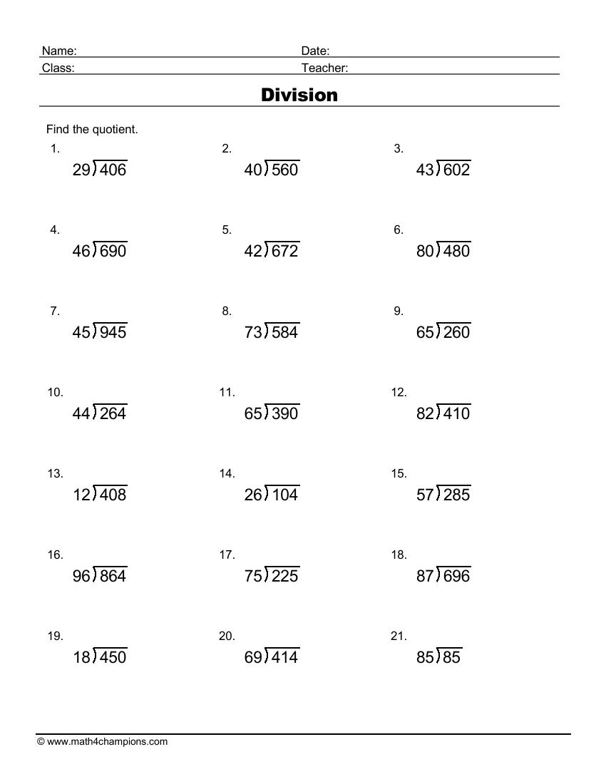 Printable Division Worksheets for Teachers | Math Champions