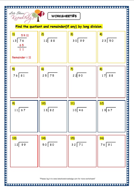 Grade 3 Maths Worksheets: Division (6.5 Long Division by 2 Digit ...