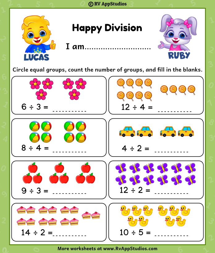 Colorful Division Worksheet. Free Printables for Kindergarten.