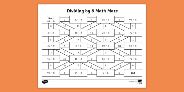 Dividing by 8 Math Maze Activity for 3rd-5th Grade - Twinkl