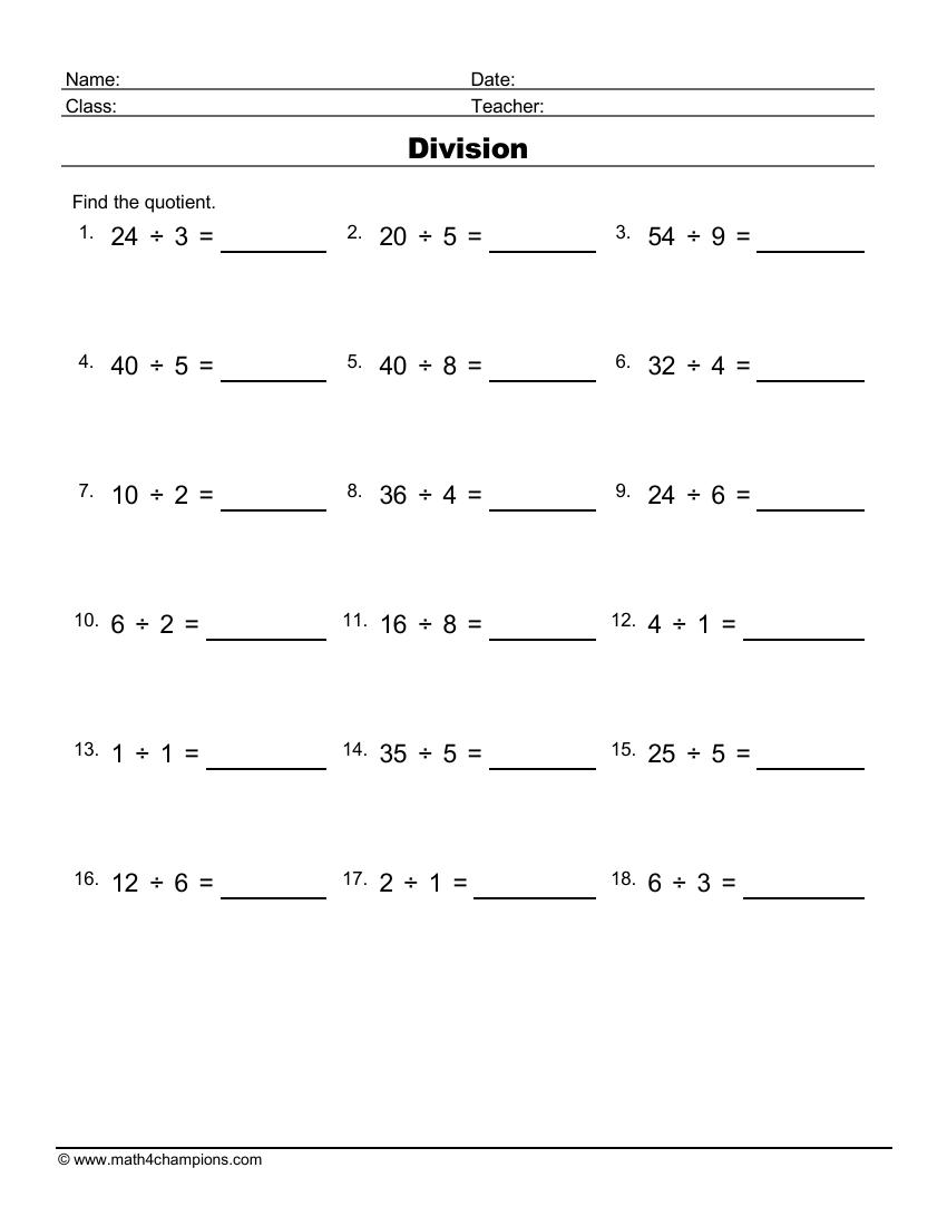 Printable Division Worksheets for Teachers | Math Champions