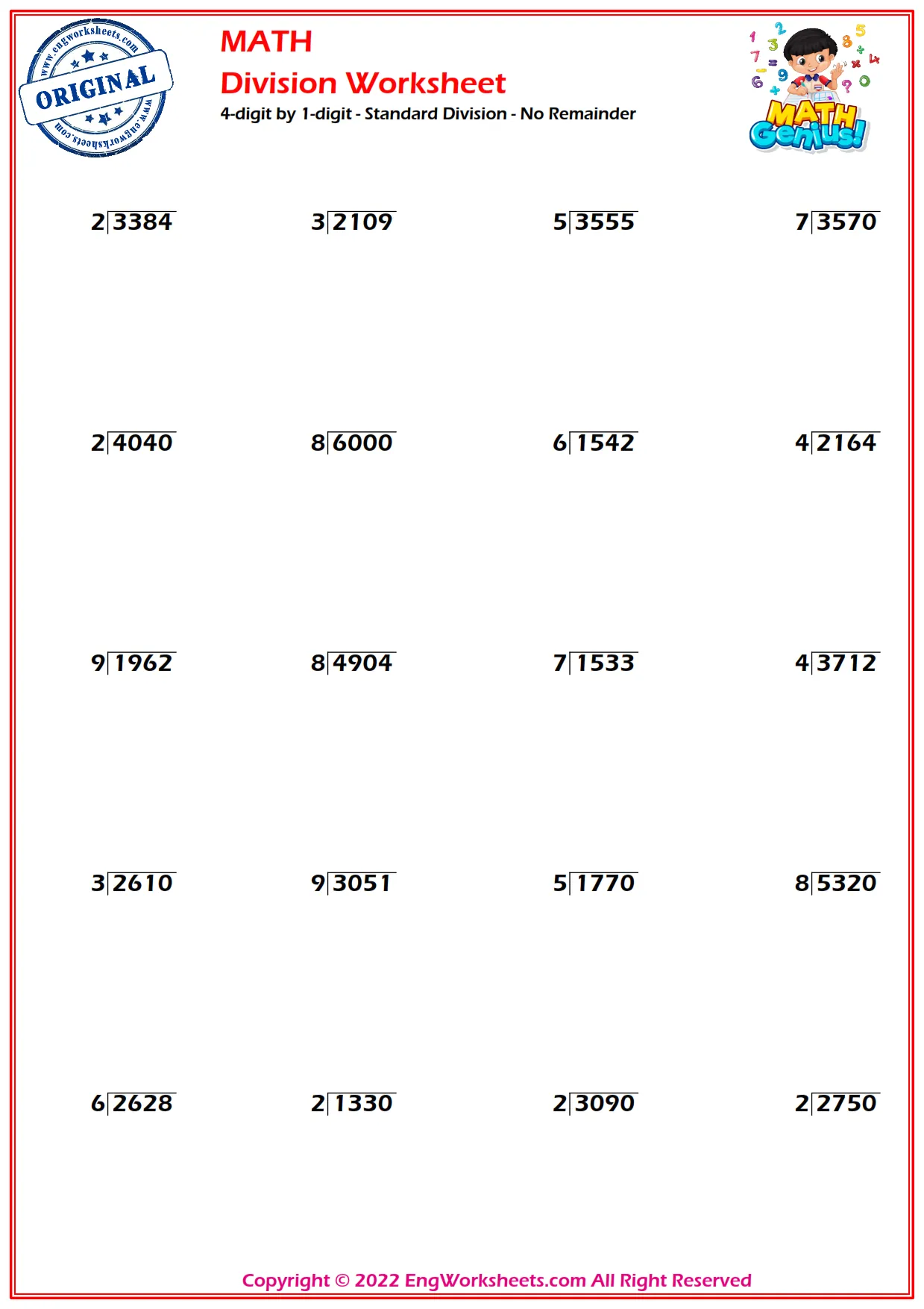 Standard Division Without Remainder Worksheets And Exercise 