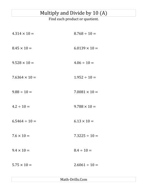 Multiplying and Dividing Decimals by 10 (A)