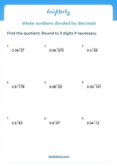 Free Printable Dividing Decimals Worksheet [PDF] Brighterly.com