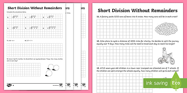 Short Division Worksheets Without Remainders | Maths