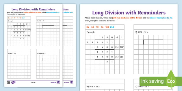 division worksheet with remainders 4th grade