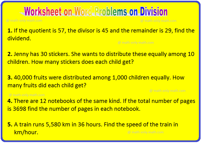 Worksheet on Word Problems on Division | Division Word Problems
