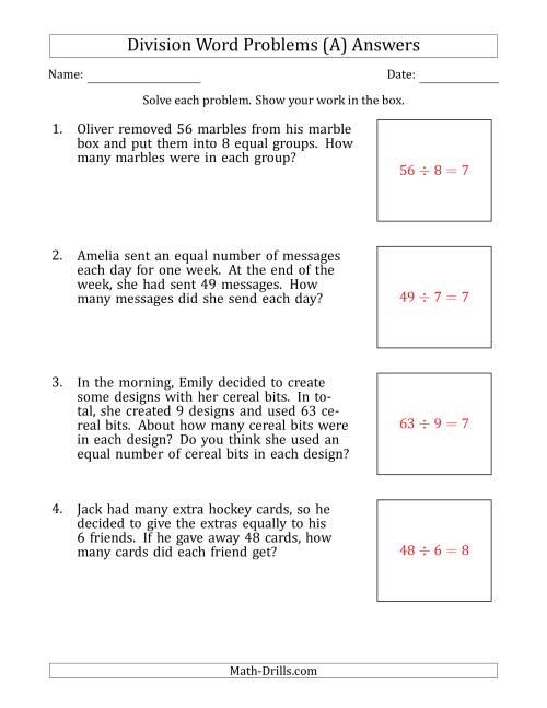 Division Word Problems with Division Facts from 5 to 12 (A)