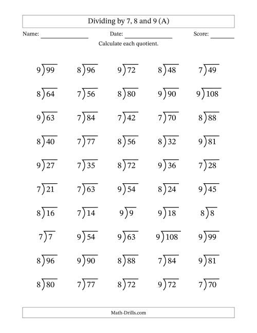 Division Facts by a Fixed Divisor (7, 8 and 9) and Quotients from ...