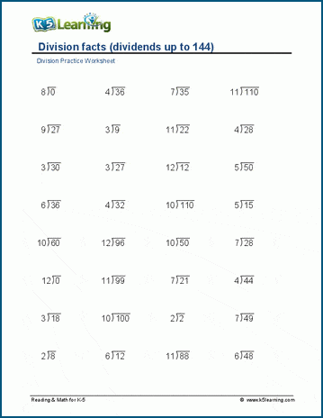 Division facts to 144 (vertical) worksheets | Worsheets library