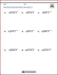 Division of Decimal Numbers Worksheets