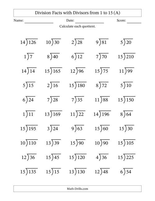 Division Facts with Divisors and Quotients from 1 to 15 with Long ...