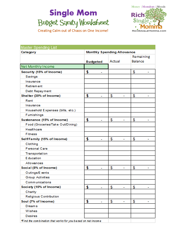 7 Free Single Mom Budget Worksheets | RichSingleMomma | Single mom ...