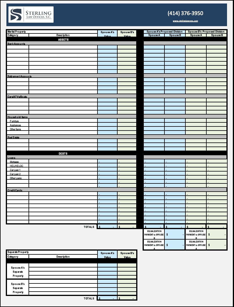 Splitting Assets Worksheet for Divorce in Wisconsin | Sterling ...