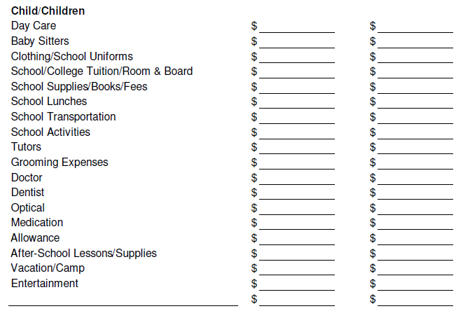 divorce financial worksheet