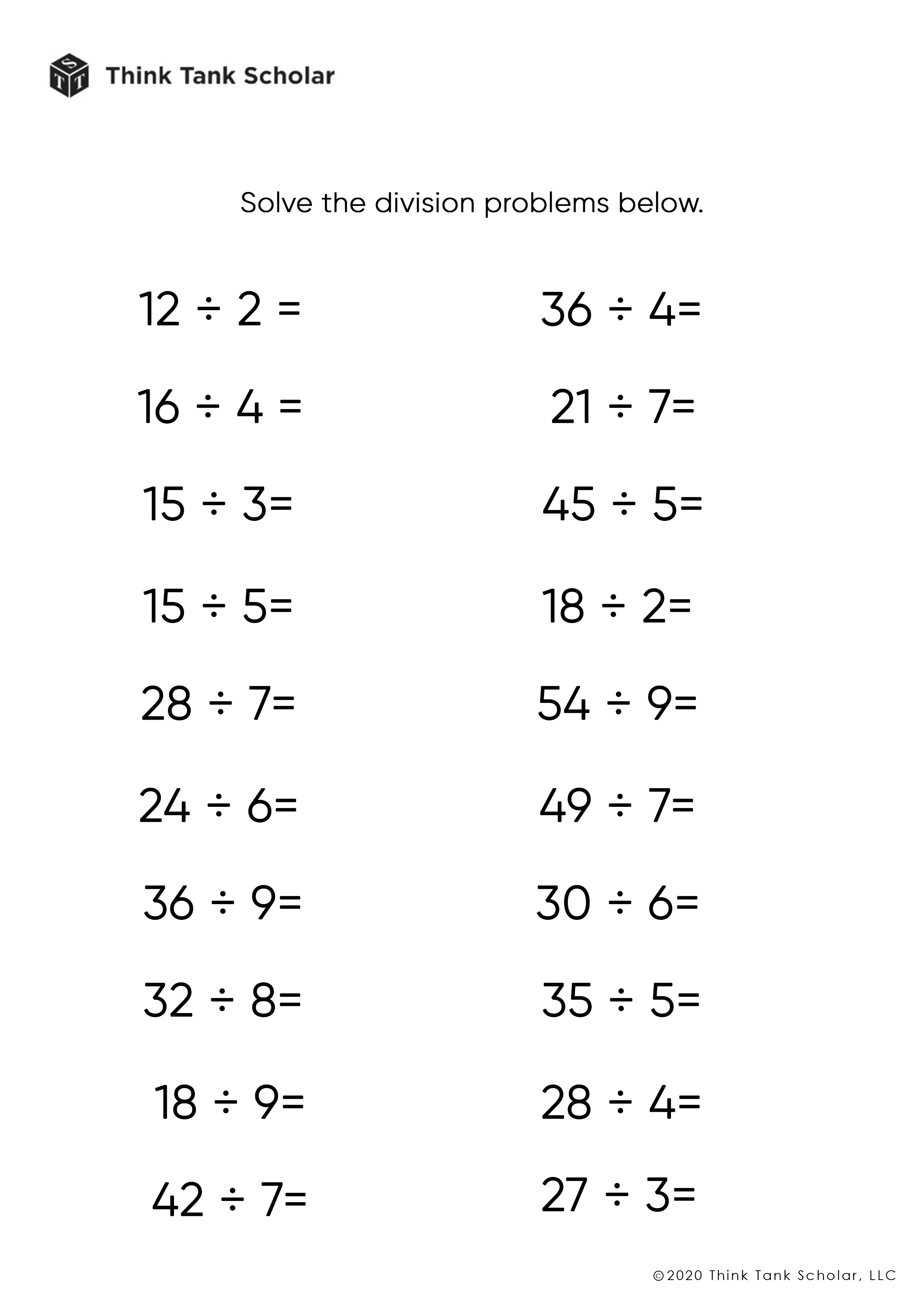 Division Worksheets Exercises Printable PDF (FREE) - Think Tank ...