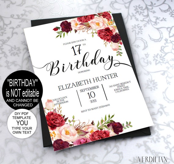 Burgundy Birthday Invitation Template Rustic Watercolor DIY ...
