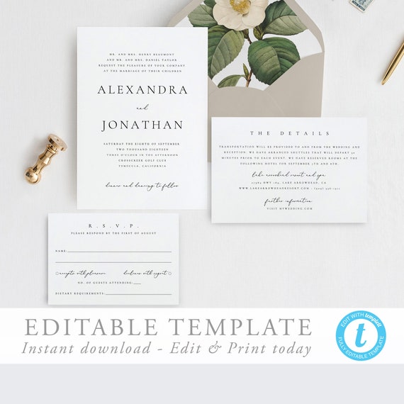 Wedding Invitation Printable Invitation Template Templett simple ...