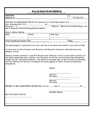 Indiana Vehicle Bill Of Sale Form Templates - Fillable &  Printable ...
