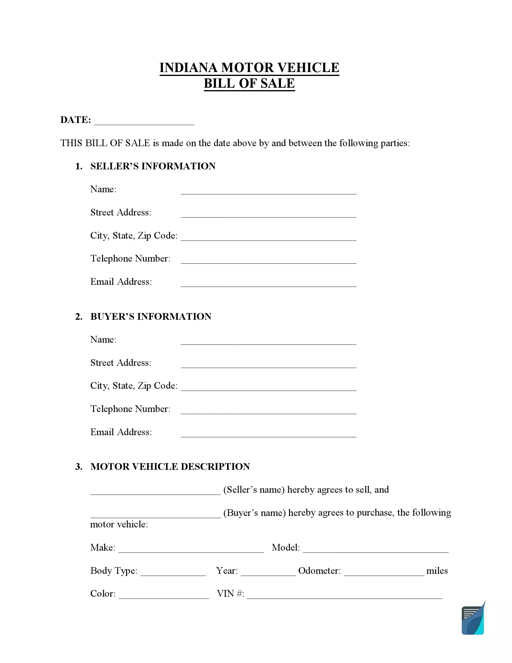 dmv printable bill of sale indiana